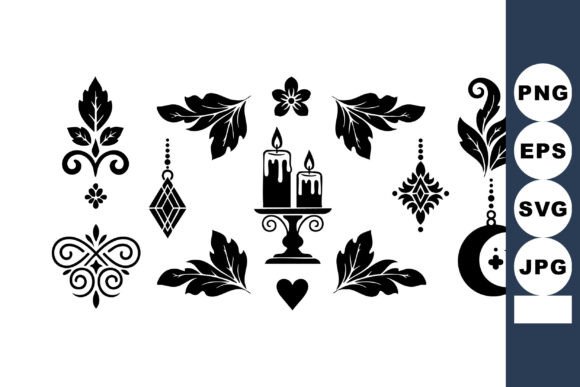 Black Decorative Floral and Candle Graphics for Elegant Branding