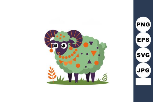 Cute Green Sheep with Decorative Orange Graphics